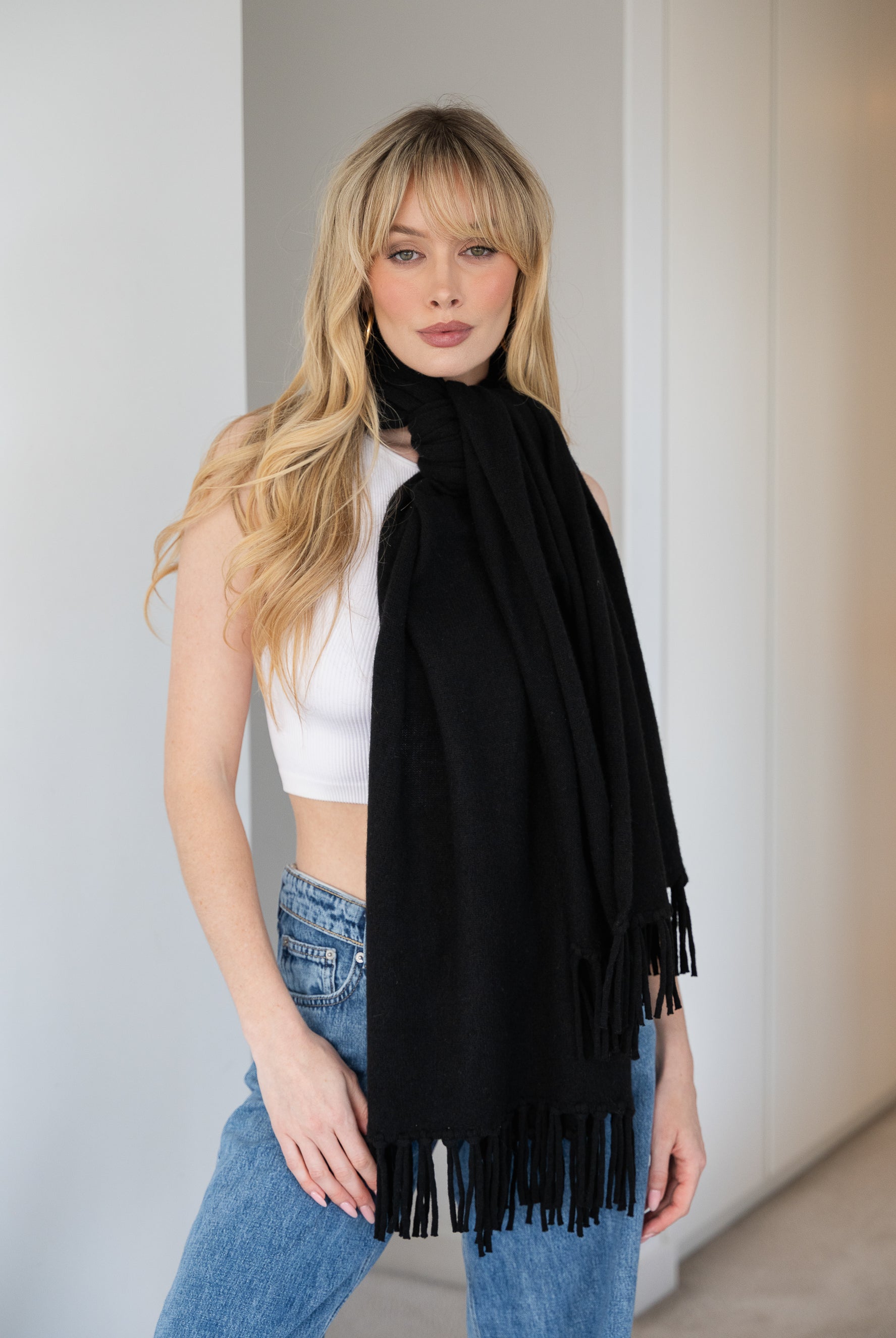 Soft Cashmere Tassel Scarf in Black - 100% cashmere scarf with hand-knotted tassels