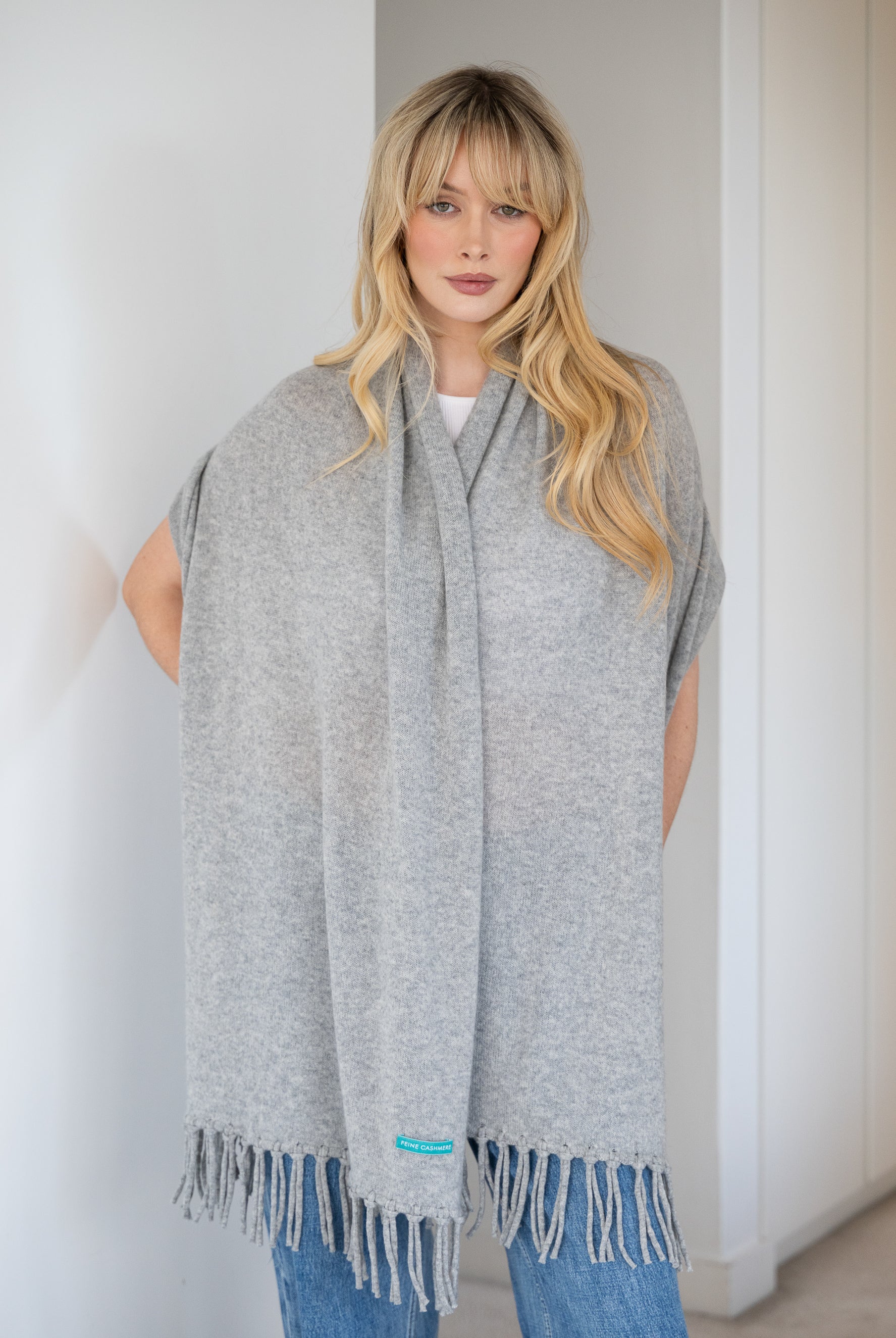 Soft Cashmere Tassel Scarf in Grey Melange - 100% cashmere scarf with hand-knotted tassels