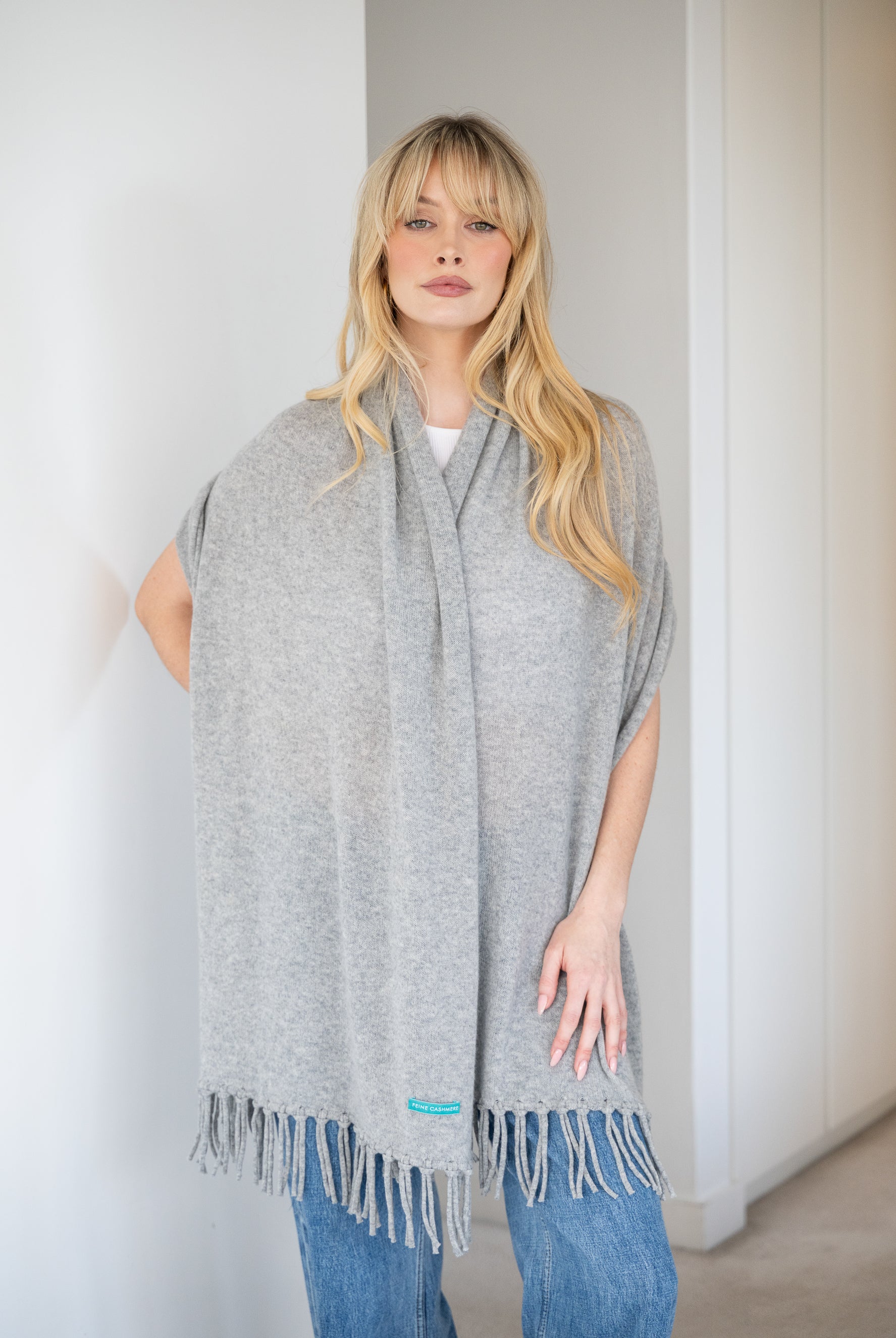 Soft Cashmere Tassel Scarf in Grey Melange - 100% cashmere scarf with hand-knotted tassels