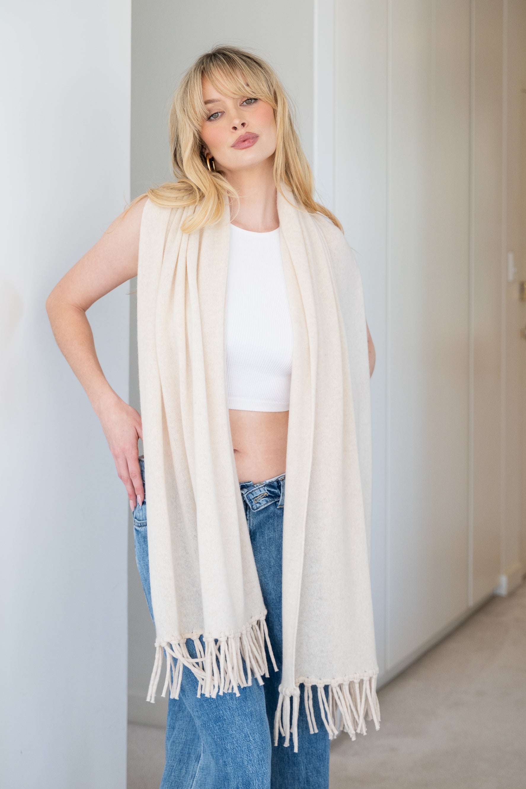 Soft Cashmere Tassel Scarf in Sandy - 100% cashmere scarf with hand-knotted tassels