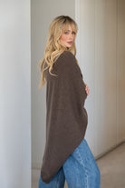 V-Neck Travel Poncho in Brownie - 100% cashmere poncho with ribbed edges