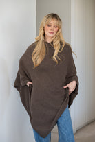 V-Neck Travel Poncho in Brownie - 100% cashmere poncho with ribbed edges