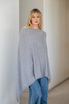 V-Neck Travel Poncho in Quarry - 100% cashmere poncho with ribbed edges