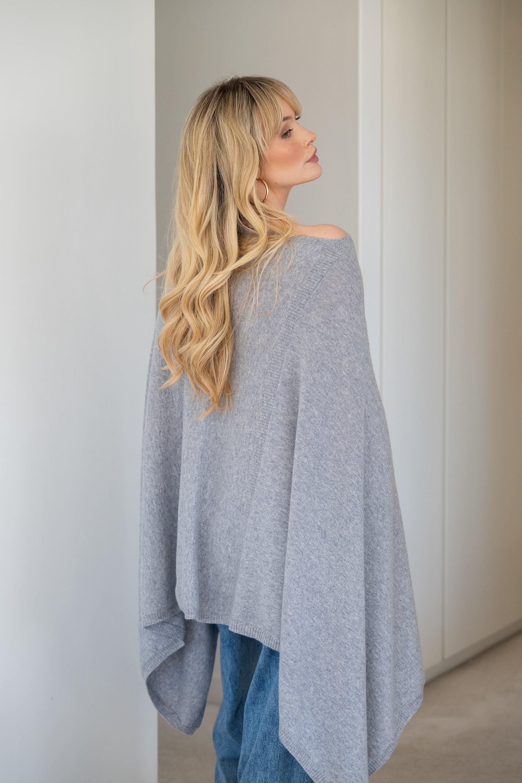 V-Neck Travel Poncho in Quarry - 100% cashmere poncho with ribbed edges