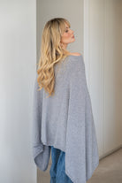 V-Neck Travel Poncho in Quarry - 100% cashmere poncho with ribbed edges