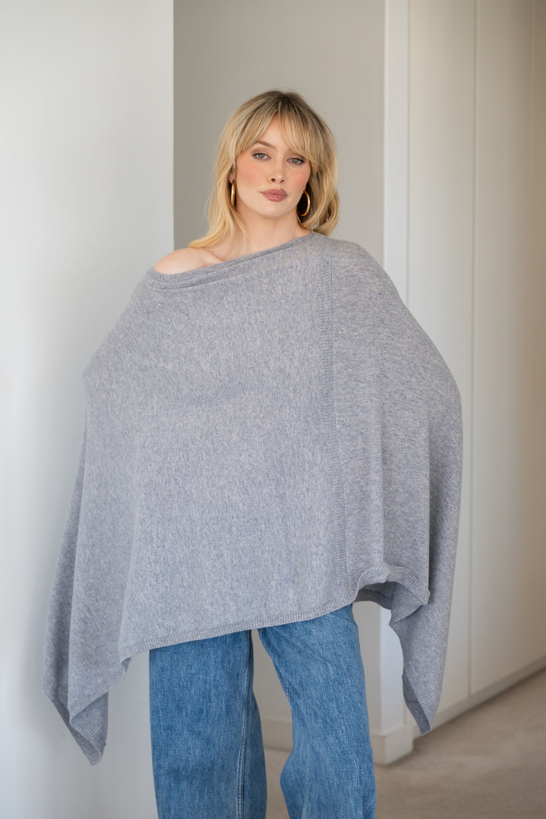 V-Neck Travel Poncho in Quarry - 100% cashmere poncho with ribbed edges