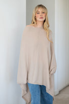 V-Neck Travel Poncho in Jute - 100% cashmere poncho with ribbed edges