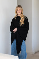 V-Neck Travel Poncho in Black - 100% cashmere poncho with ribbed edges