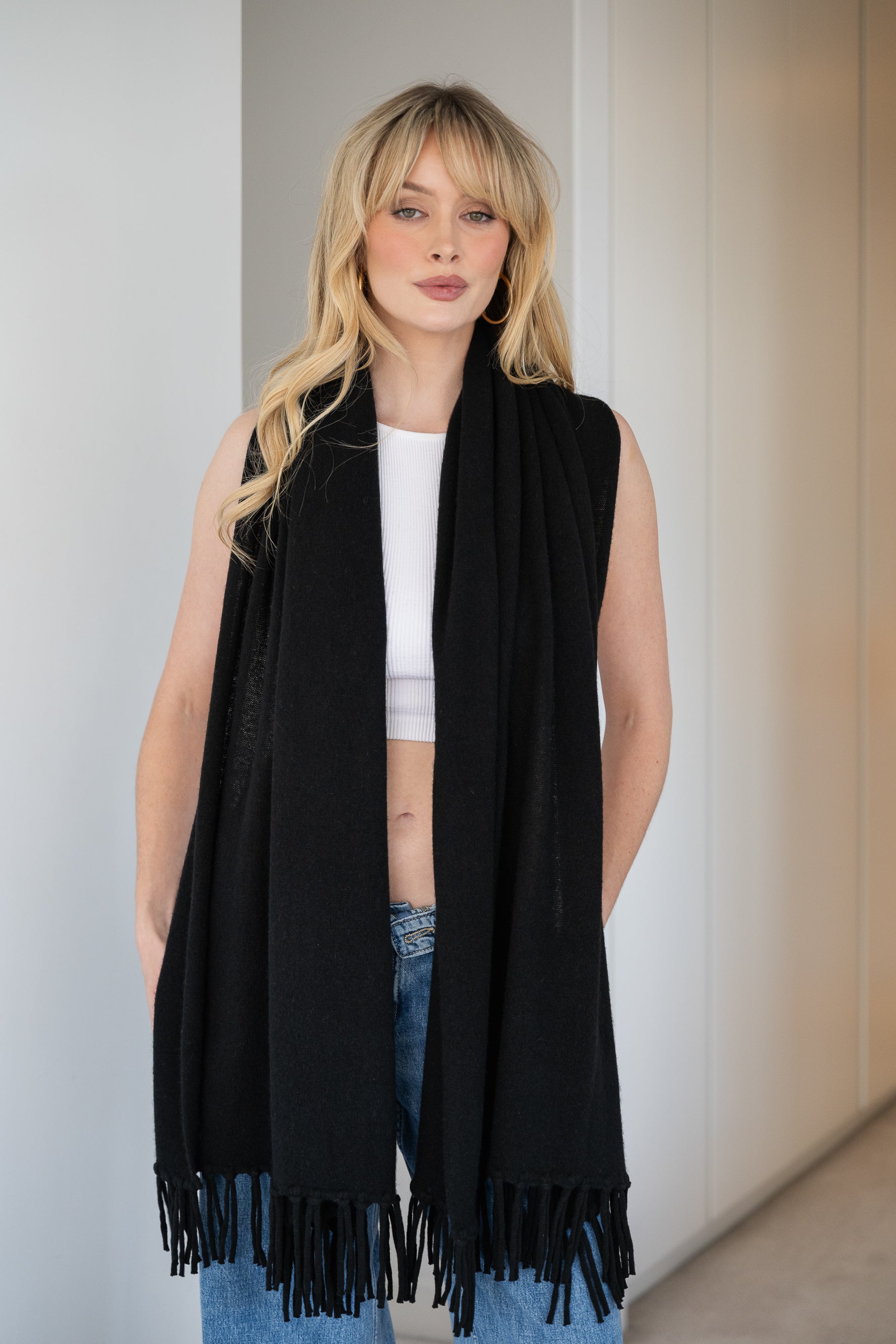 Soft Cashmere Tassel Scarf in Black - 100% cashmere scarf with hand-knotted tassels