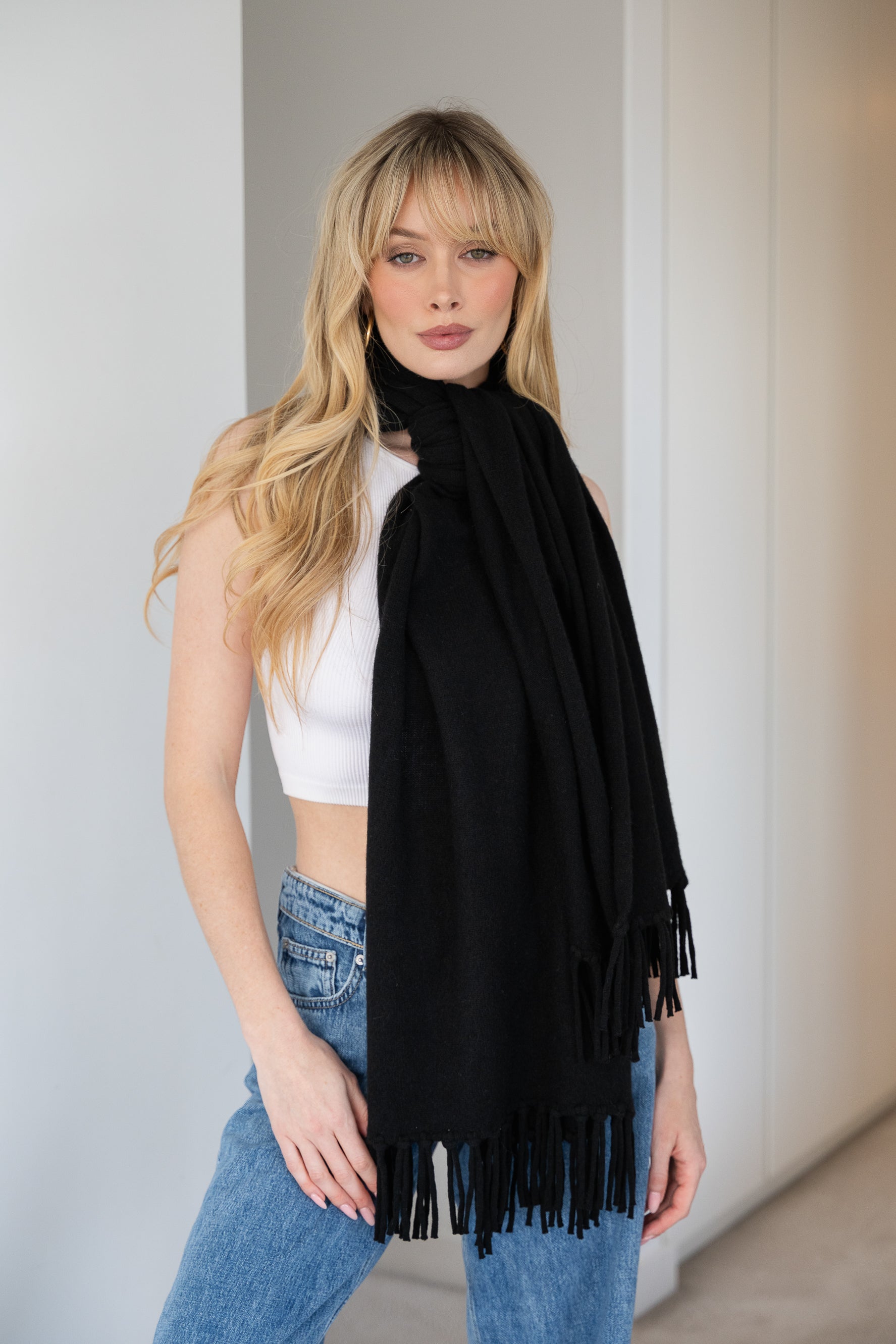 Soft Cashmere Tassel Scarf in Black - 100% cashmere scarf with hand-knotted tassels