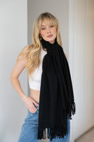Soft Cashmere Tassel Scarf in Black - 100% cashmere scarf with hand-knotted tassels