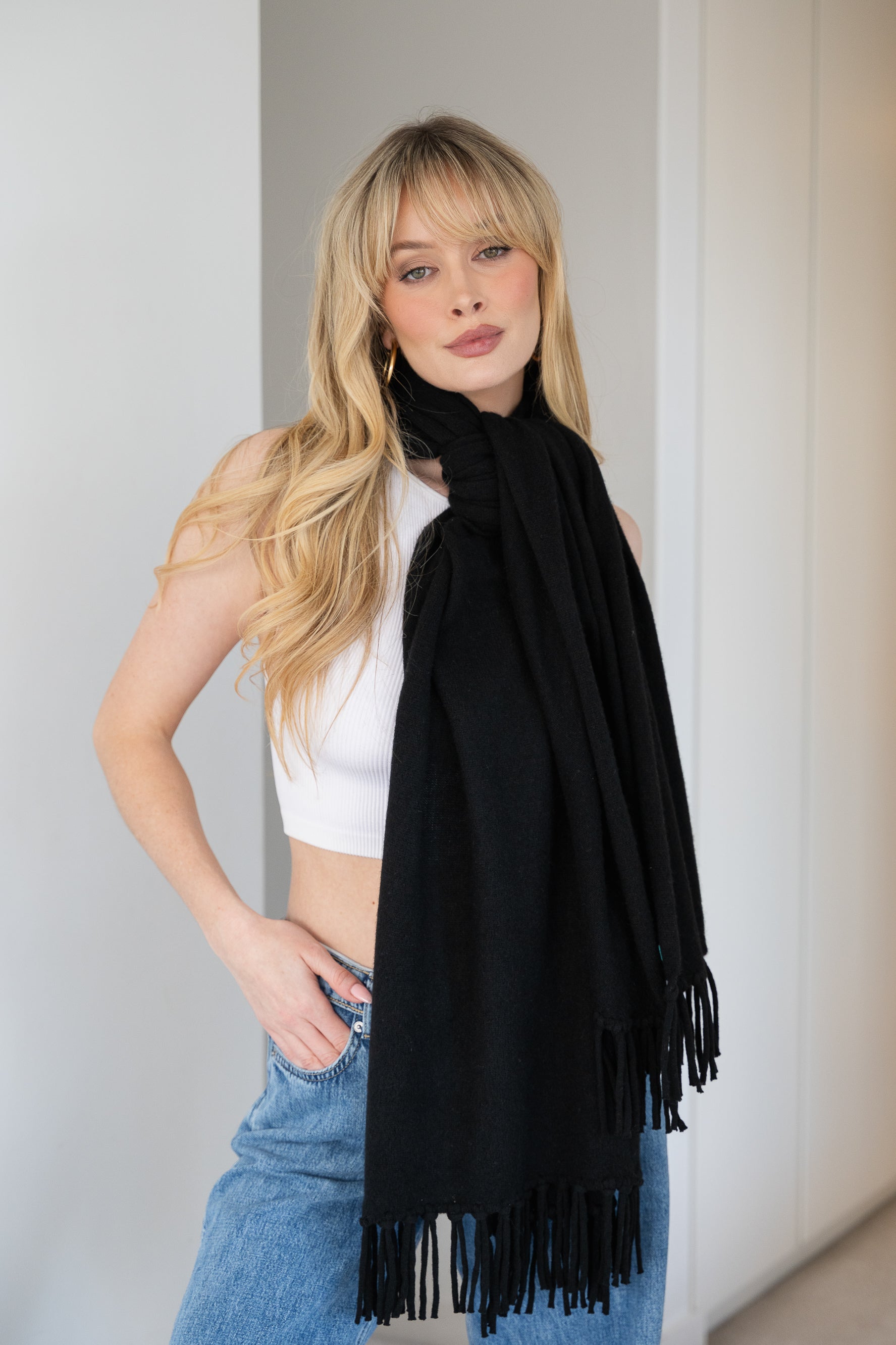 Soft Cashmere Tassel Scarf in Black - 100% cashmere scarf with hand-knotted tassels