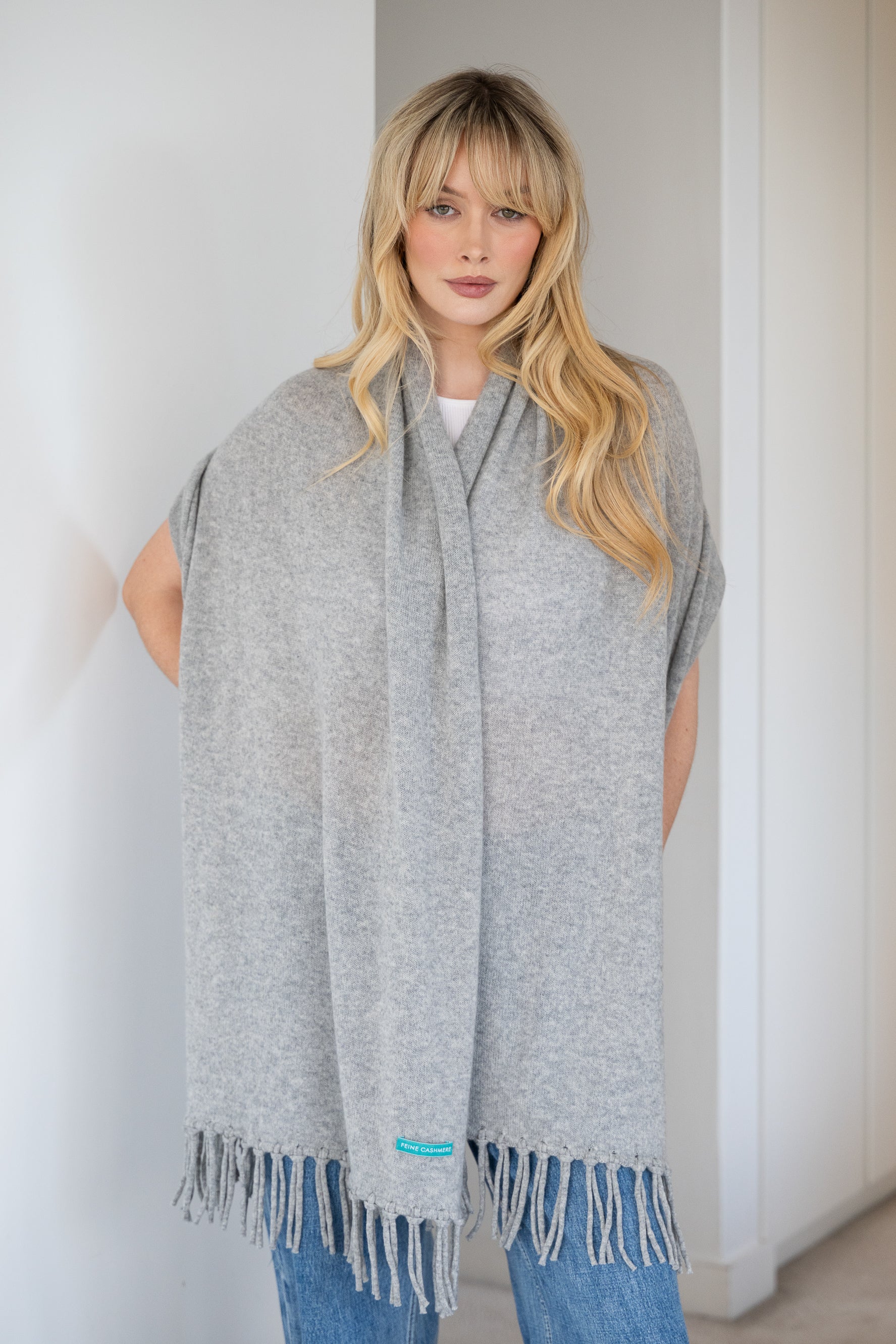 Soft Cashmere Tassel Scarf in Grey Melange - 100% cashmere scarf with hand-knotted tassels
