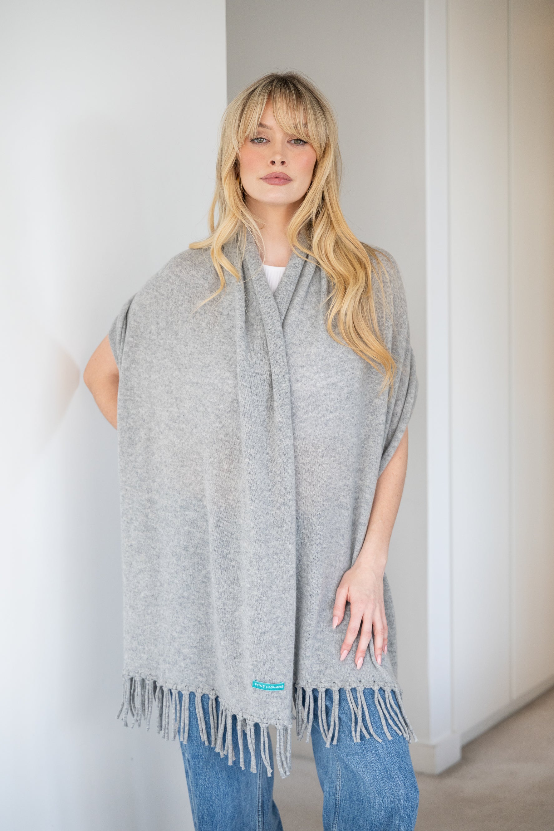 Soft Cashmere Tassel Scarf in Grey Melange - 100% cashmere scarf with hand-knotted tassels