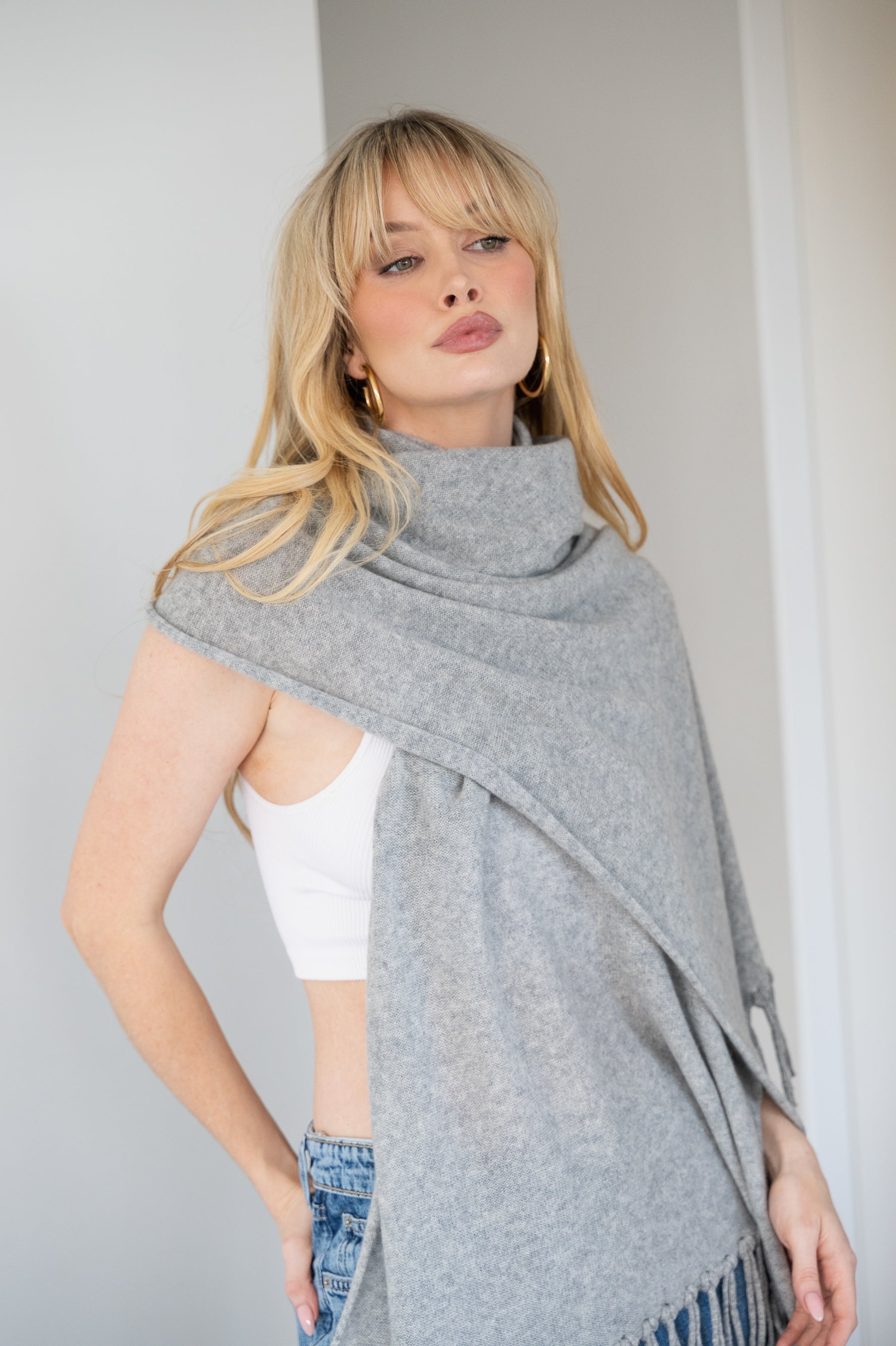 Soft Cashmere Tassel Scarf in Grey Melange - 100% cashmere scarf with hand-knotted tassels