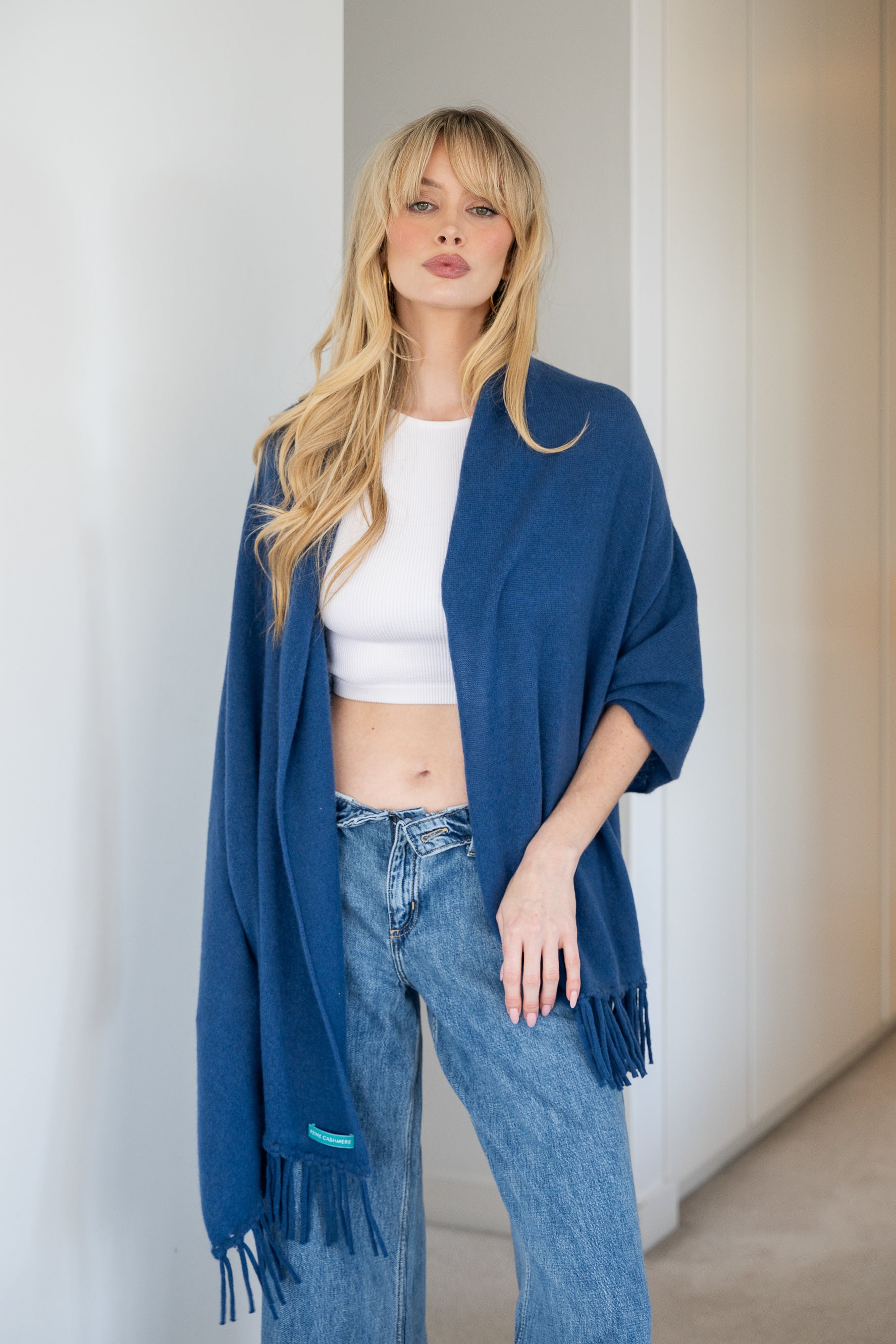 Soft Cashmere Tassel Scarf in Marina - 100% cashmere scarf with hand-knotted tassels