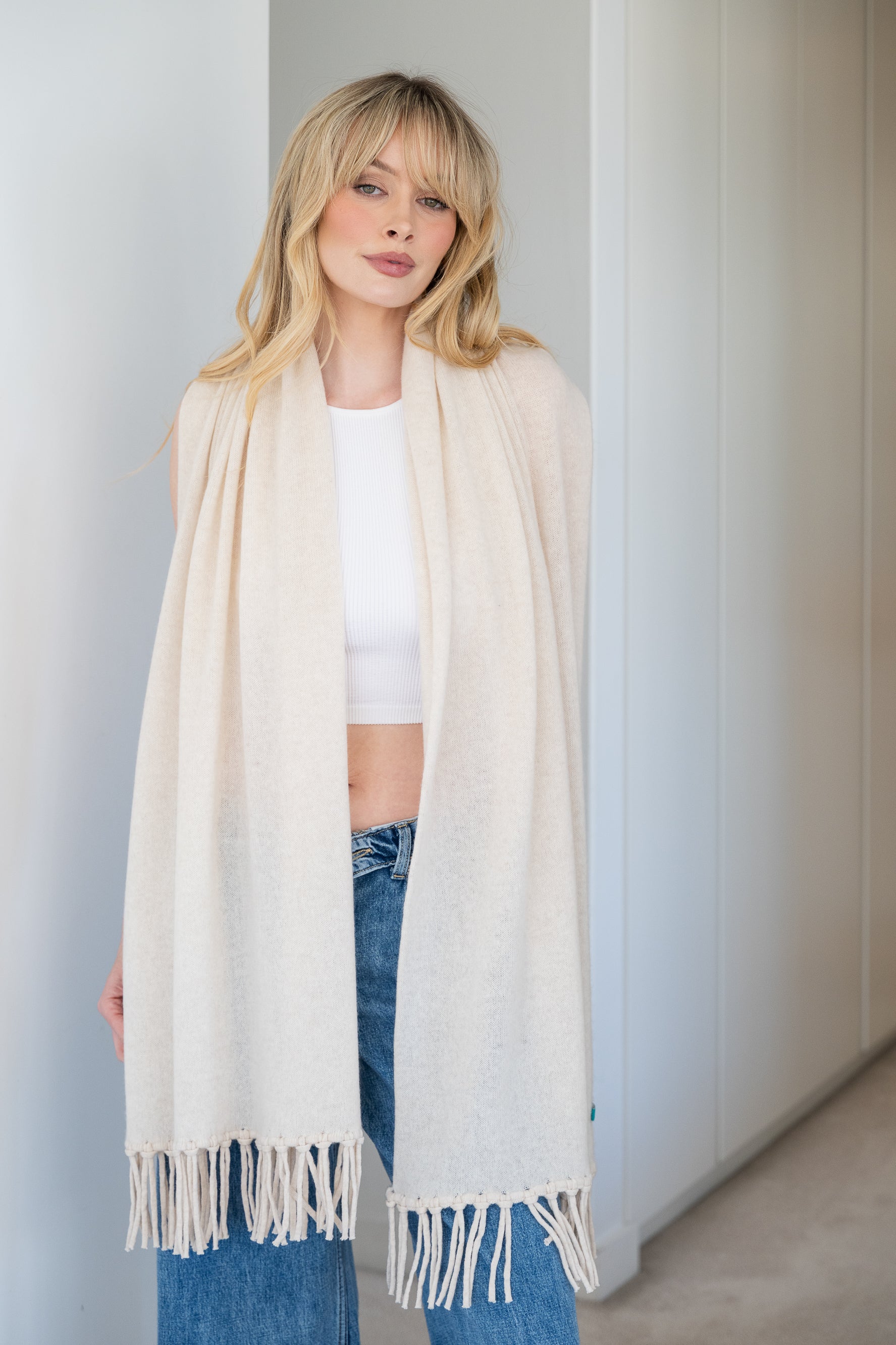 Soft Cashmere Tassel Scarf in Sandy - 100% cashmere scarf with hand-knotted tassels
