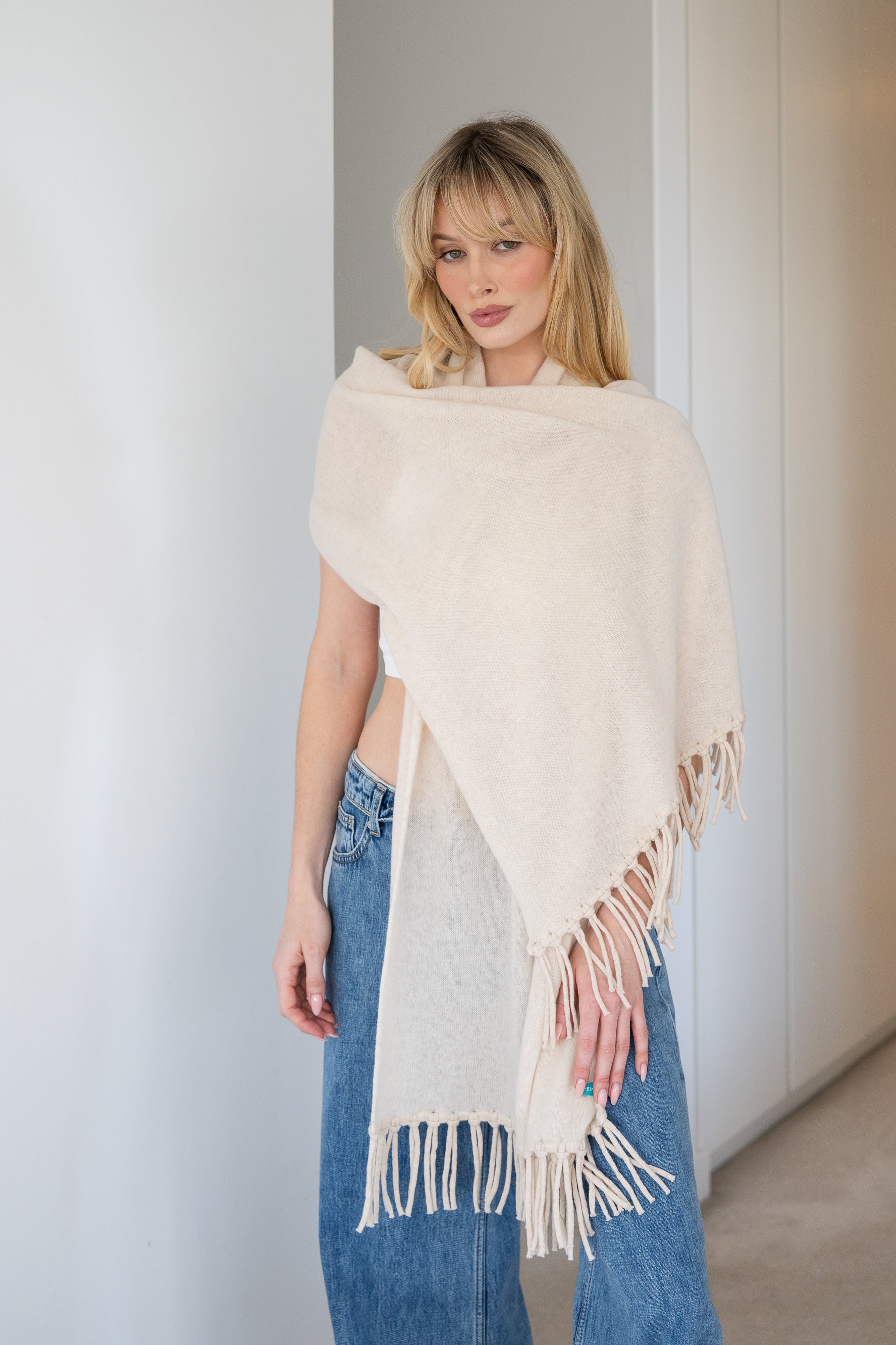 Soft Cashmere Tassel Scarf in Sandy - 100% cashmere scarf with hand-knotted tassels