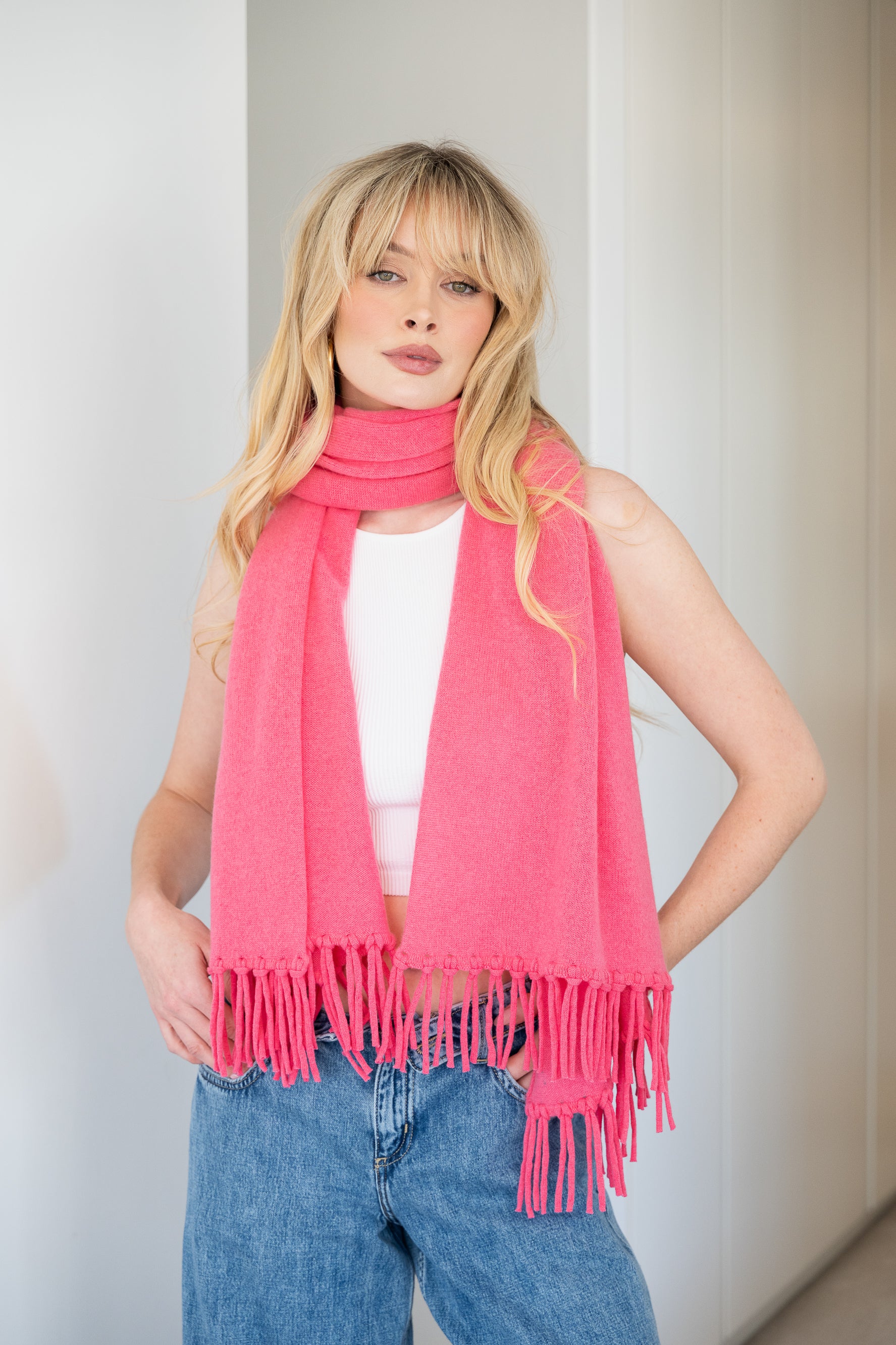 Soft Cashmere Tassel Scarf in Strawberry - 100% cashmere scarf with hand-knotted tassels